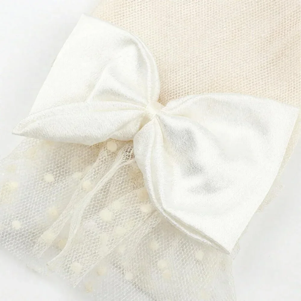 Womens White Ivory Lace Mesh Pearl Bracelet Set Vintage Bowknot Polka Dot Gloves